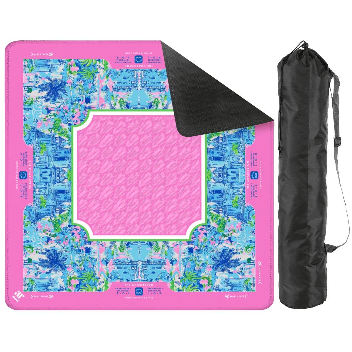 Vibrant pink-bordered Mahjong mat with a tropical design and a carrying bag for easy portability.