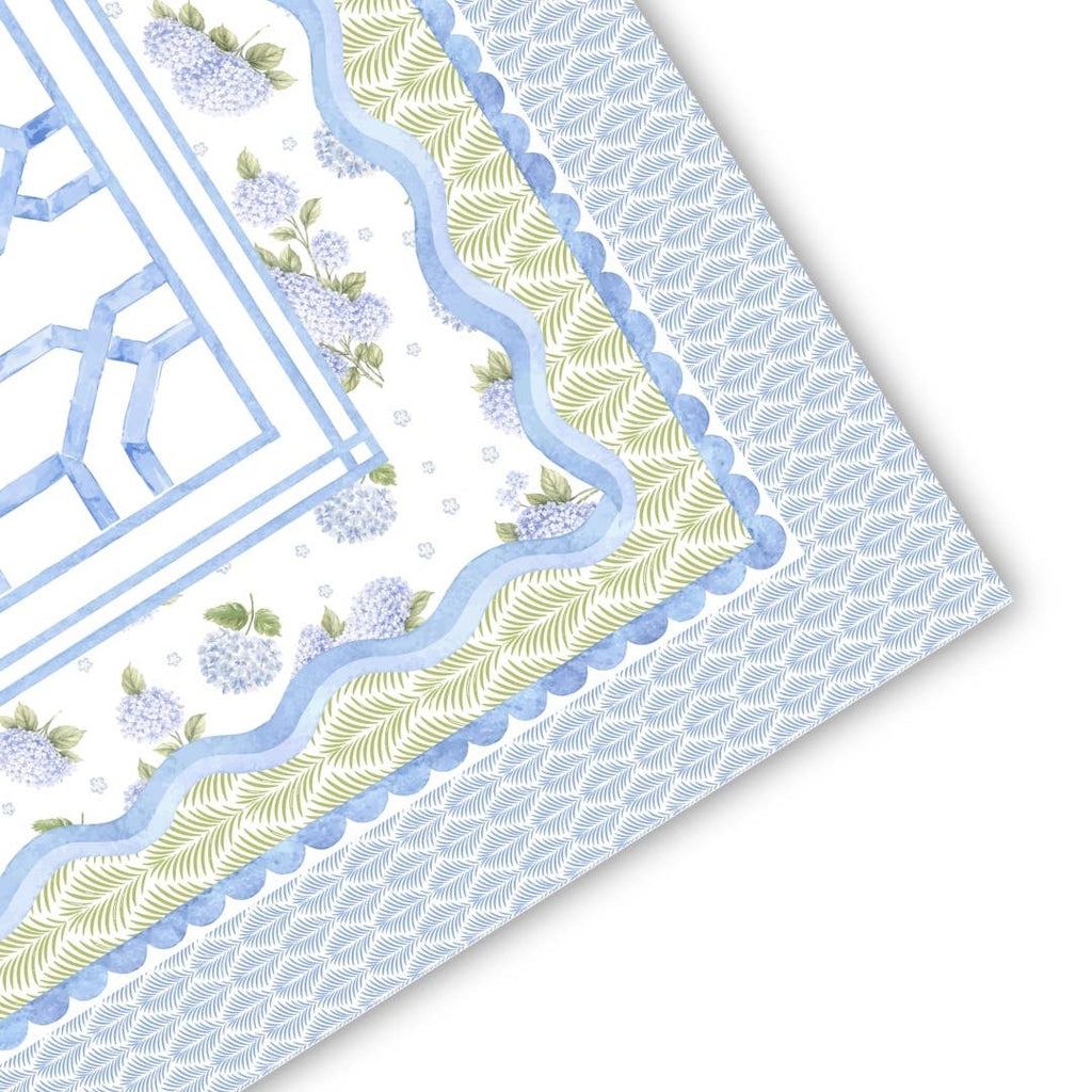 Soft blue floral Mahjong mat featuring lattice details and a scalloped edge, designed for coastal elegance.