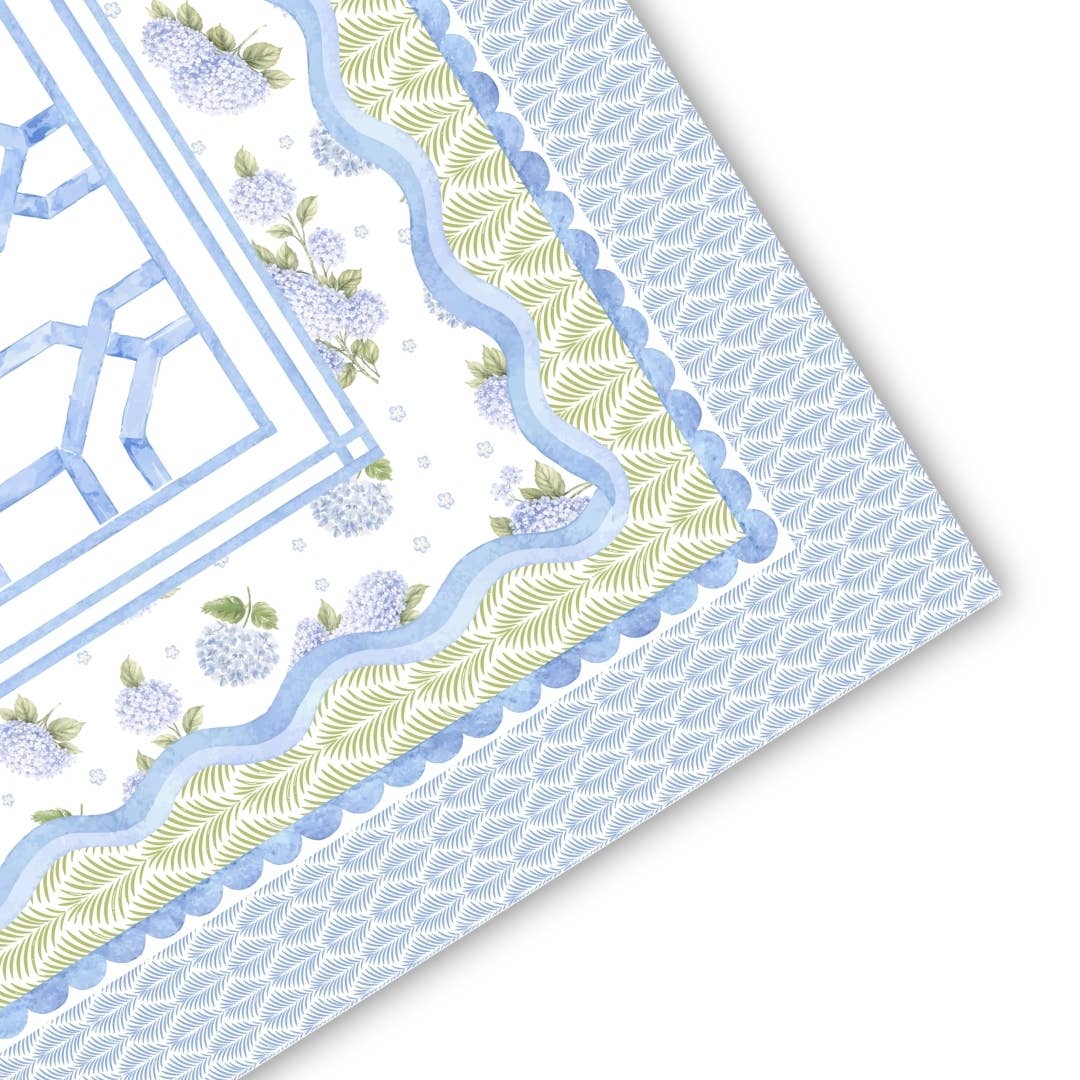 Soft blue floral Mahjong mat featuring lattice details and a scalloped edge, designed for coastal elegance.