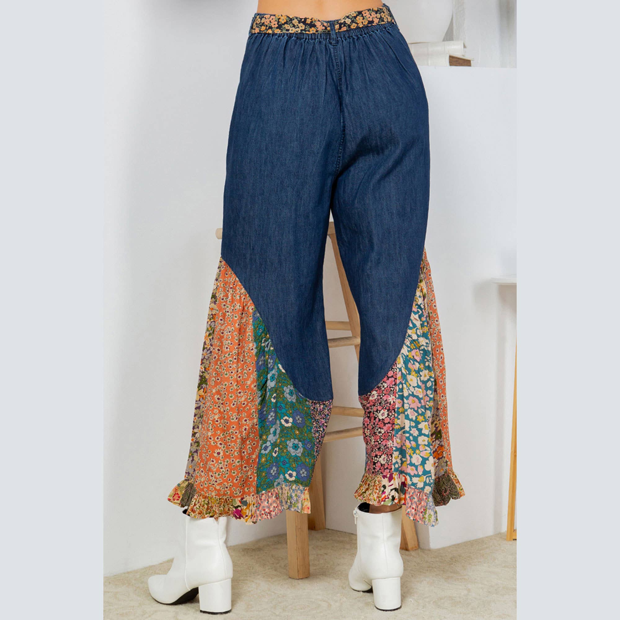 Young Threads - Boho Flare: Overdyed Denim Bellbottom Pants with Printed
