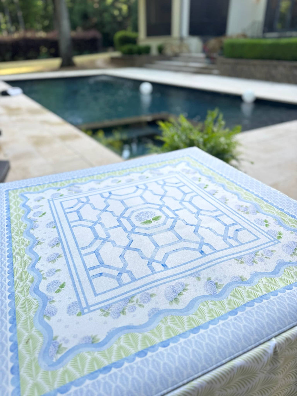 Soft blue floral Mahjong mat with elegant lattice details and scalloped edge, designed by Anders Ruff Design Co.