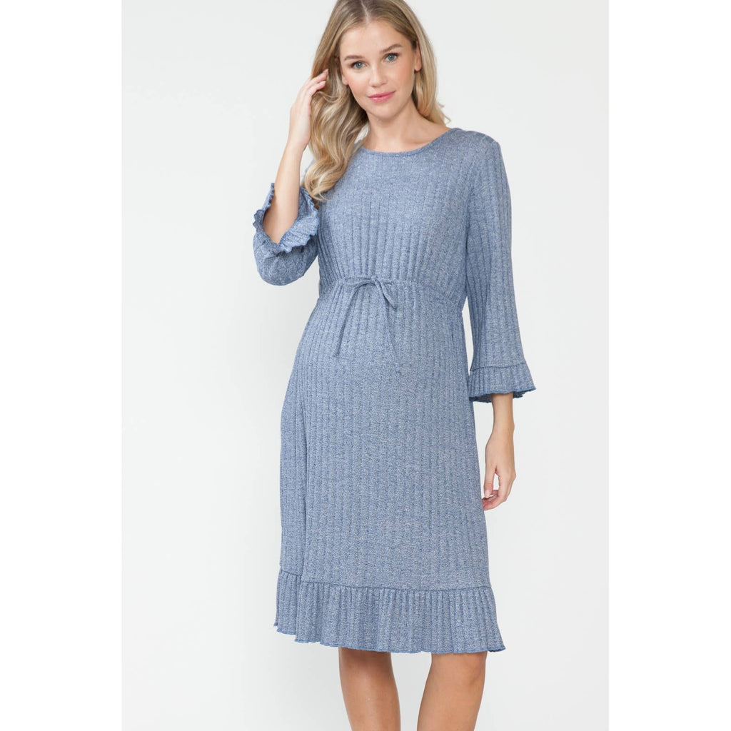Story Teller - Maternity Waist Tie Ruched Ruffle Rib Midi Knee Length Dress