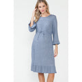 Story Teller - Maternity Waist Tie Ruched Ruffle Rib Midi Knee Length Dress