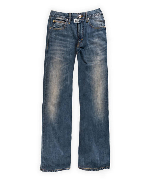 Faded blue denim lounge pants with a straight-leg cut, visible stitching, and a button closure for a casual look.