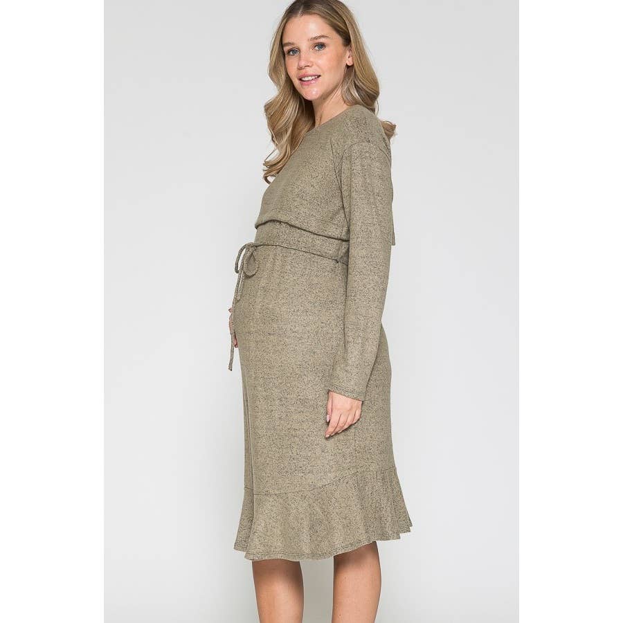 Story Teller - Maternity Waist Tie Wrap Ruffle Hem Knee Length Rib Dress
