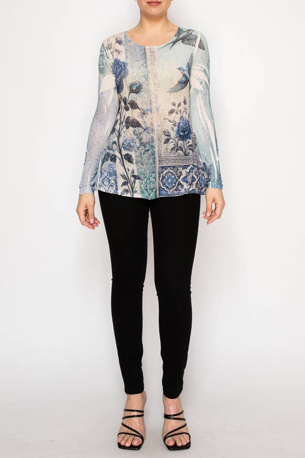 Origami Apparel ~  Lace and Crochet inspired - Sparkly Long Sleeve Sheer Mesh Top -OLS-4847BG BLUE BIRD