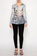 Origami Apparel ~  Lace and Crochet inspired - Sparkly Long Sleeve Sheer Mesh Top -OLS-4847BG BLUE BIRD