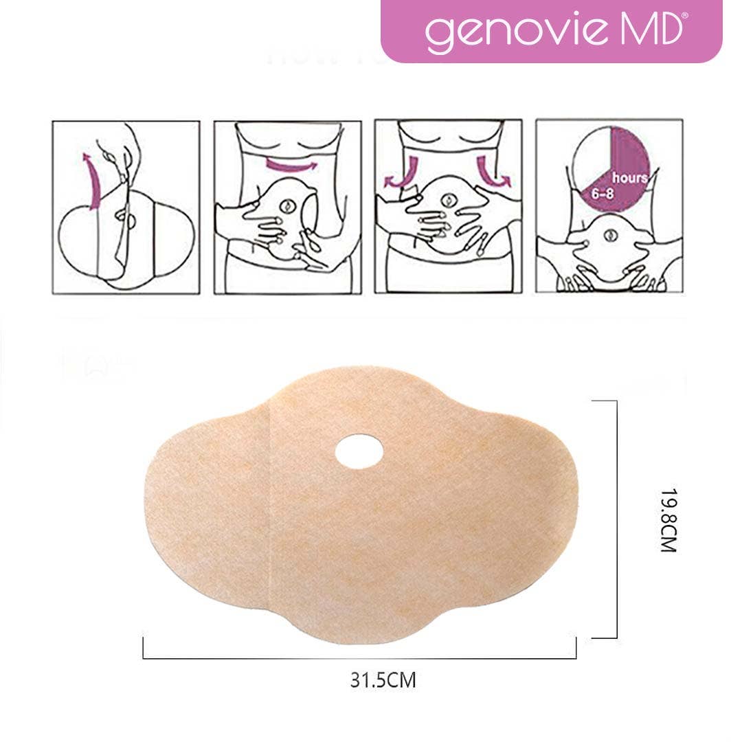Light beige Tight Tummy Patches demonstrating application on the tummy area, featuring a 5 pack for skin smoothing.