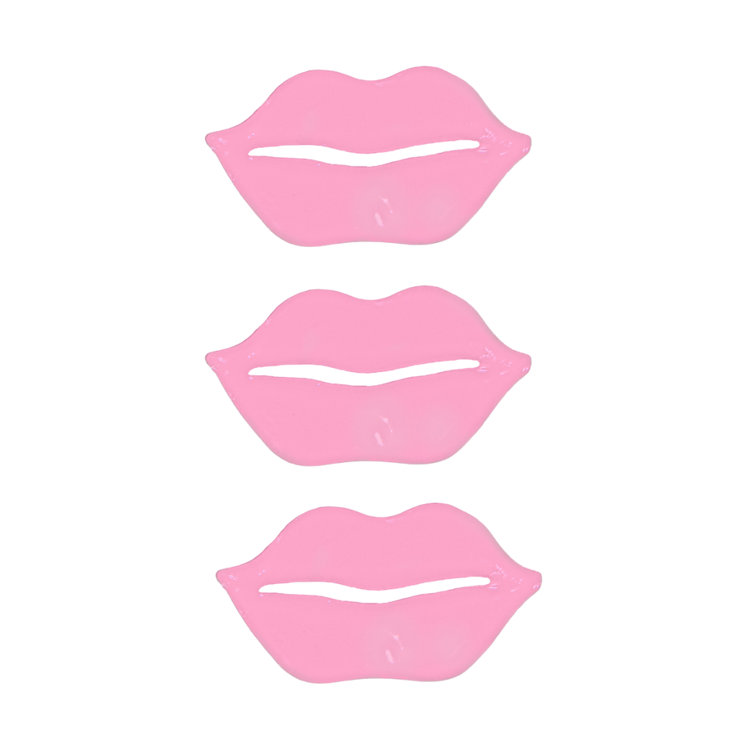 Three pink lip-shaped masks arranged in a row, designed for intense hydration and lip care.