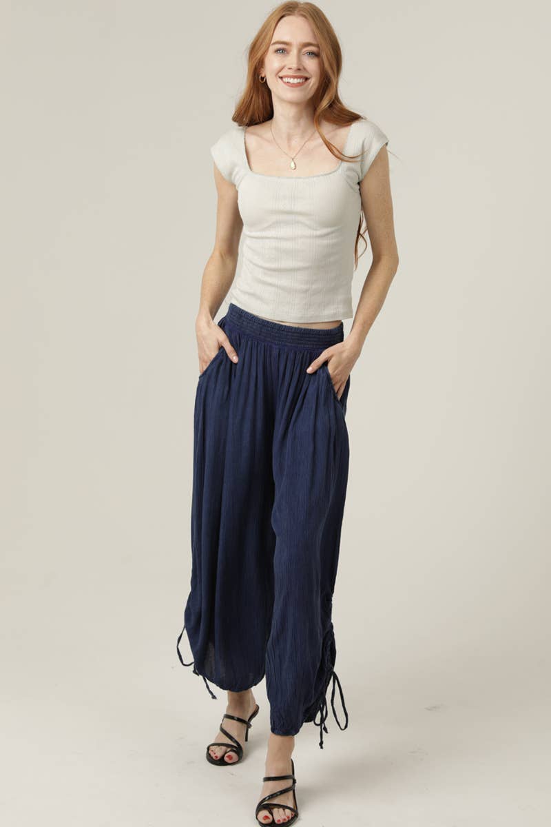 ANGIE - B3710-ASIS SIDE CINCH WIDE LEG PANTS WITH SMOCKED WAIST AND