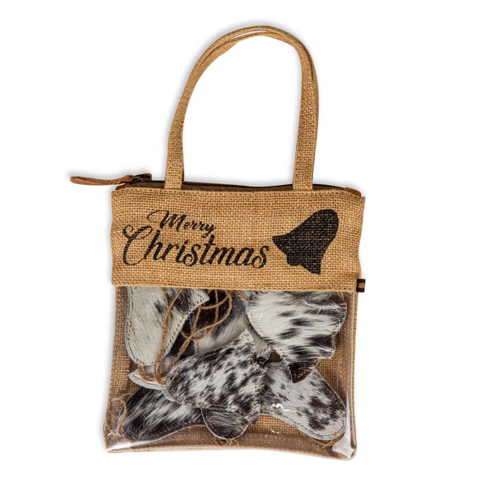 Set of ten hair-on hide Christmas tree ornaments in a woven burlap bag with a 'Merry Christmas' design.