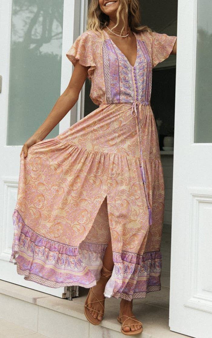 Rosa Clothing - Bohemia Border Print Flutter Sleeve Maxi Dress