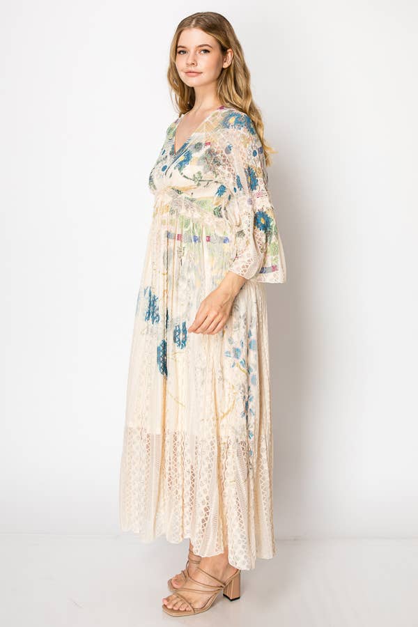 Origami Apparel ~  Lace and Crochet inspired - Romantic Lace Bell-Sleeved A-Line Midi Dress - 4658 BG JADE FL