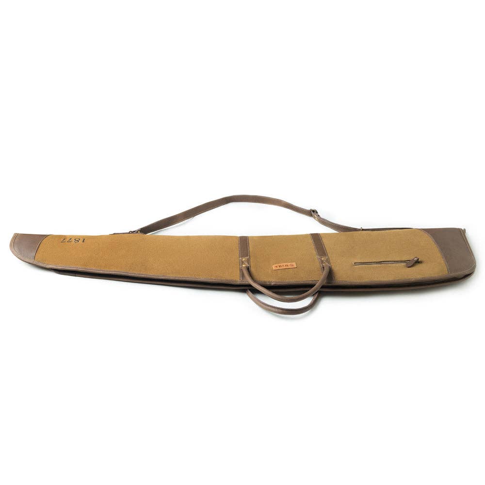 Antique olive rifle case featuring leather panel detailing, stitched accents, and a structured profile with handle and shoulder strap.