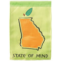 Outline of Georgia in orange with a green leaf above, featuring the text 'STATE OF MIND' on a light green flag.