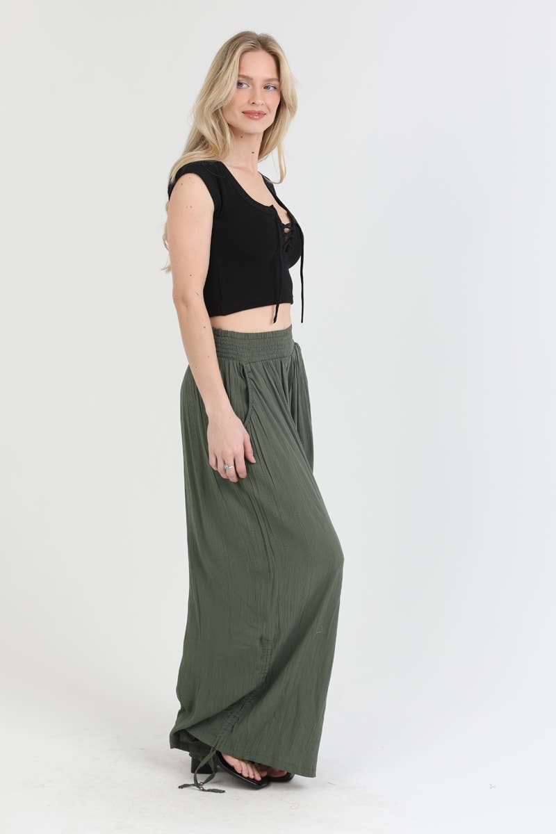 ANGIE - B3710-ASIS SIDE CINCH WIDE LEG PANTS WITH SMOCKED WAIST AND