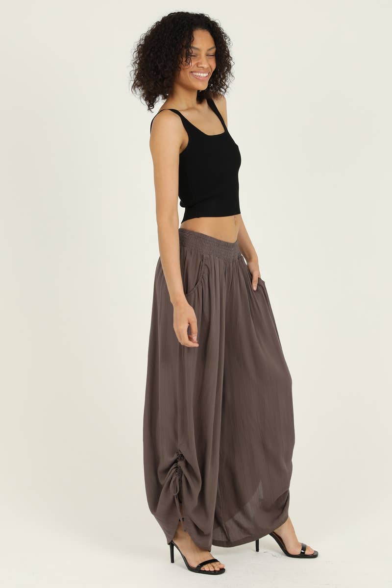 ANGIE - B3710-ASIS SIDE CINCH WIDE LEG PANTS WITH SMOCKED WAIST AND