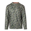 Long-sleeve camouflage t-shirt in shades of green with a crew neck and relaxed fit, perfect for outdoor activities.