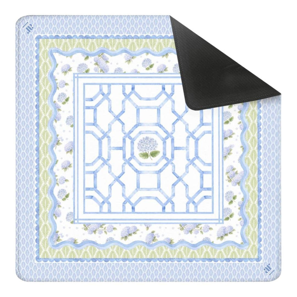Soft blue floral Mahjong mat featuring hydrangeas, elegant lattice details, and a scalloped edge design.