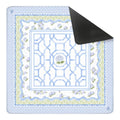 Soft blue floral Mahjong mat featuring hydrangeas, elegant lattice details, and a scalloped edge design.