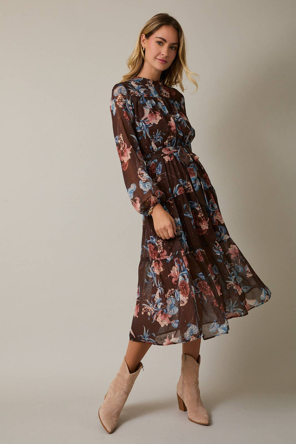 GILLI - ROUND NECK LONG SLEEVE BUTTON UP WAIST TIE FLORAL MIDI DRESS