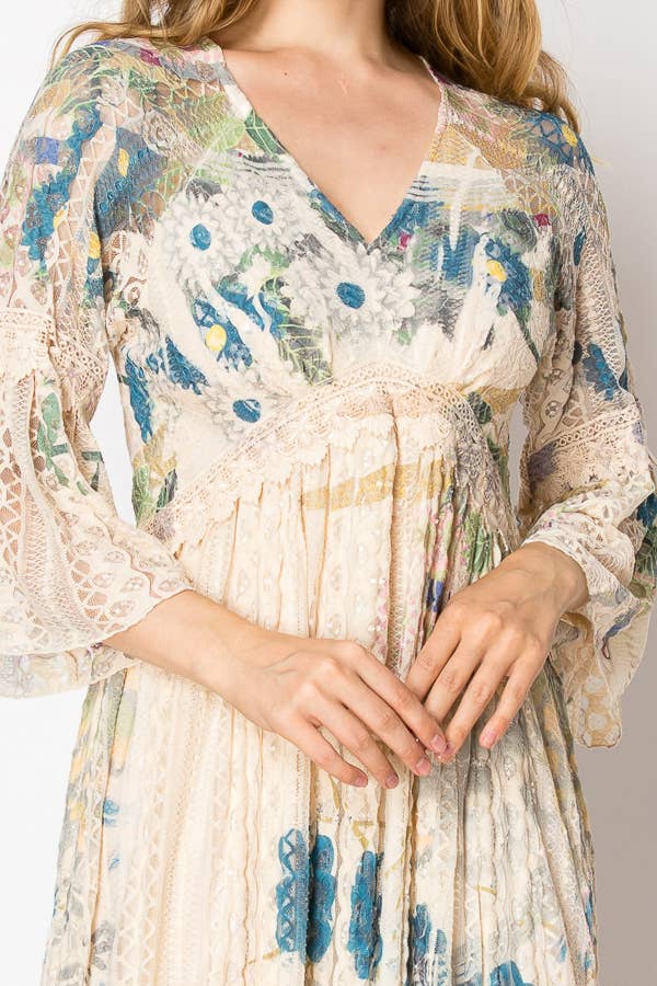 Origami Apparel ~  Lace and Crochet inspired - Romantic Lace Bell-Sleeved A-Line Midi Dress - 4658 BG JADE FL