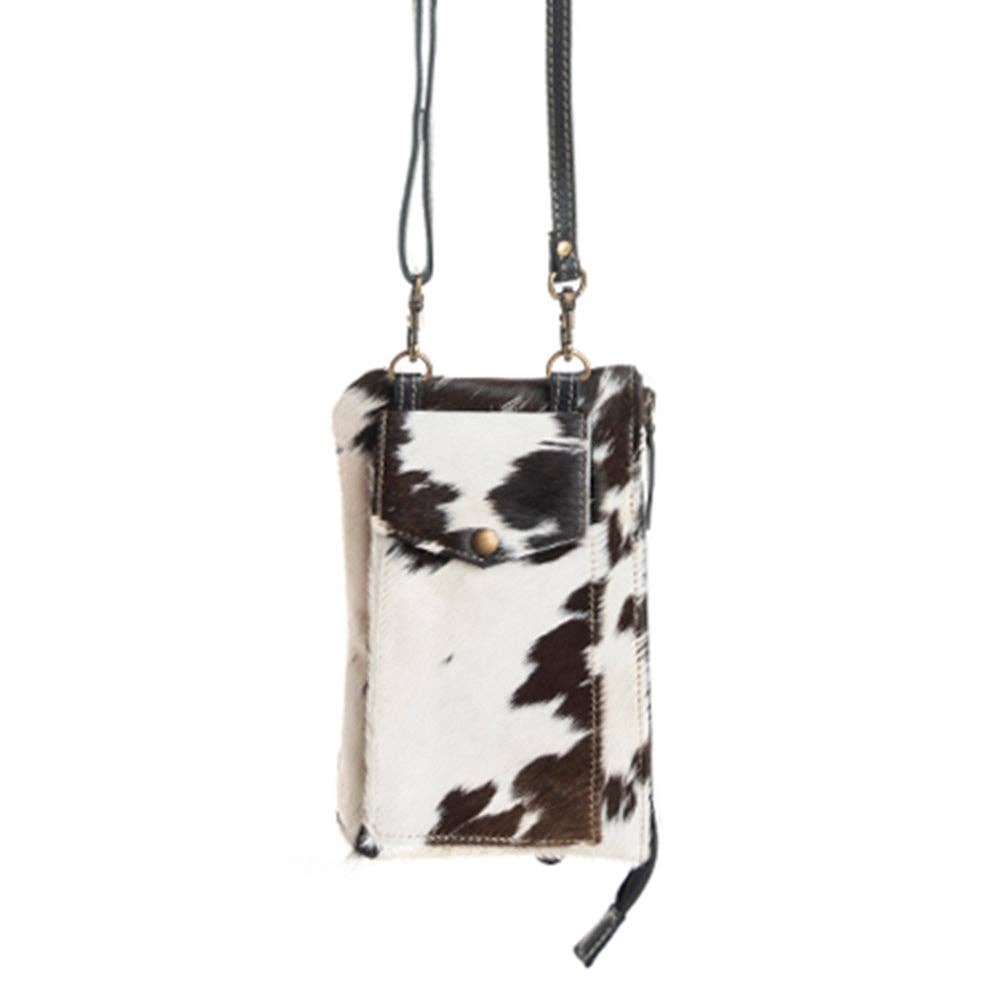 Black and white phone case bag with adjustable strap and button closure, featuring a stylish front flap design.