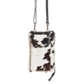 Black and white phone case bag with adjustable strap and button closure, featuring a stylish front flap design.