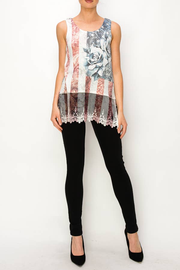 Origami Apparel ~  Lace and Crochet inspired - Soft Relaxed Tank With Delicate Floral Laced Hem - T08IVPATRIOTIC ROSE