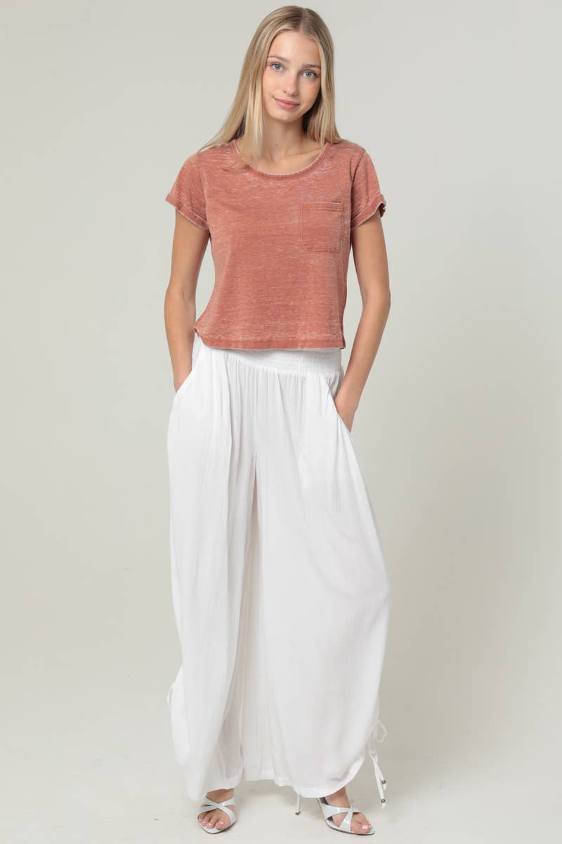 ANGIE - B3710-ASIS SIDE CINCH WIDE LEG PANTS WITH SMOCKED WAIST AND