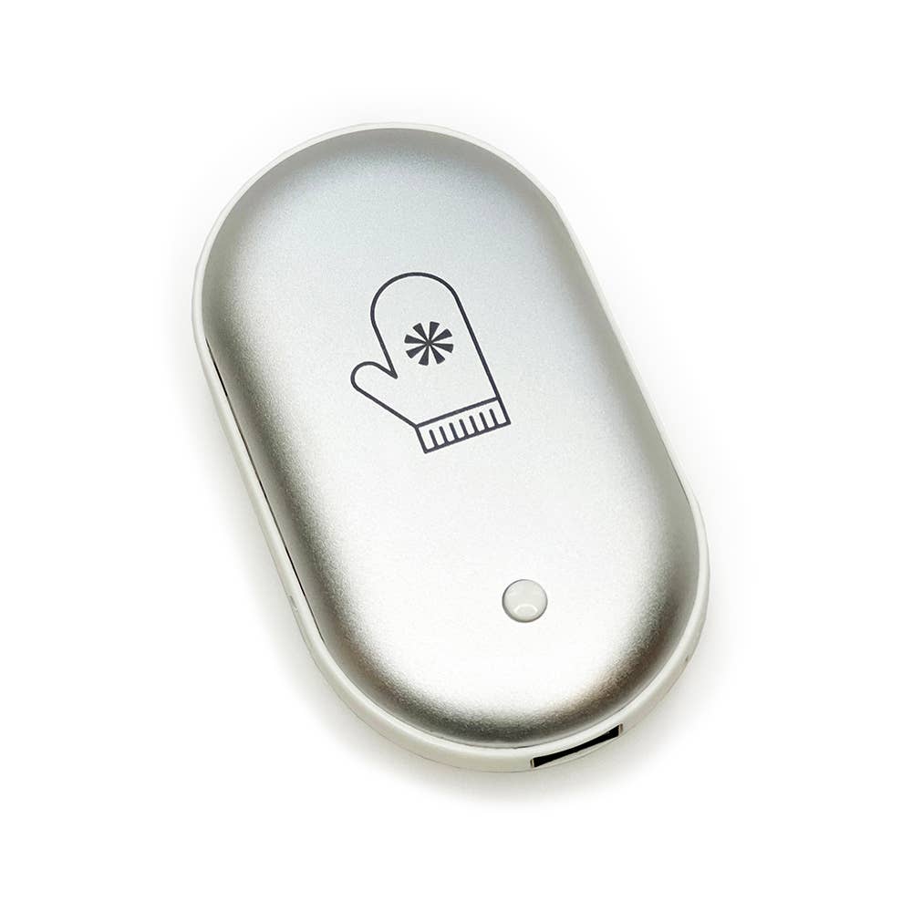Hand warmer shaped like a mitten with a metallic silver finish and a button, designed for portability and convenience.