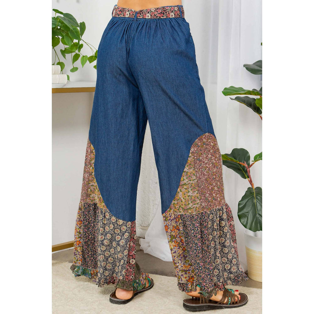 Young Threads - Boho Flare: Overdyed Denim Bellbottom Pants with Printed