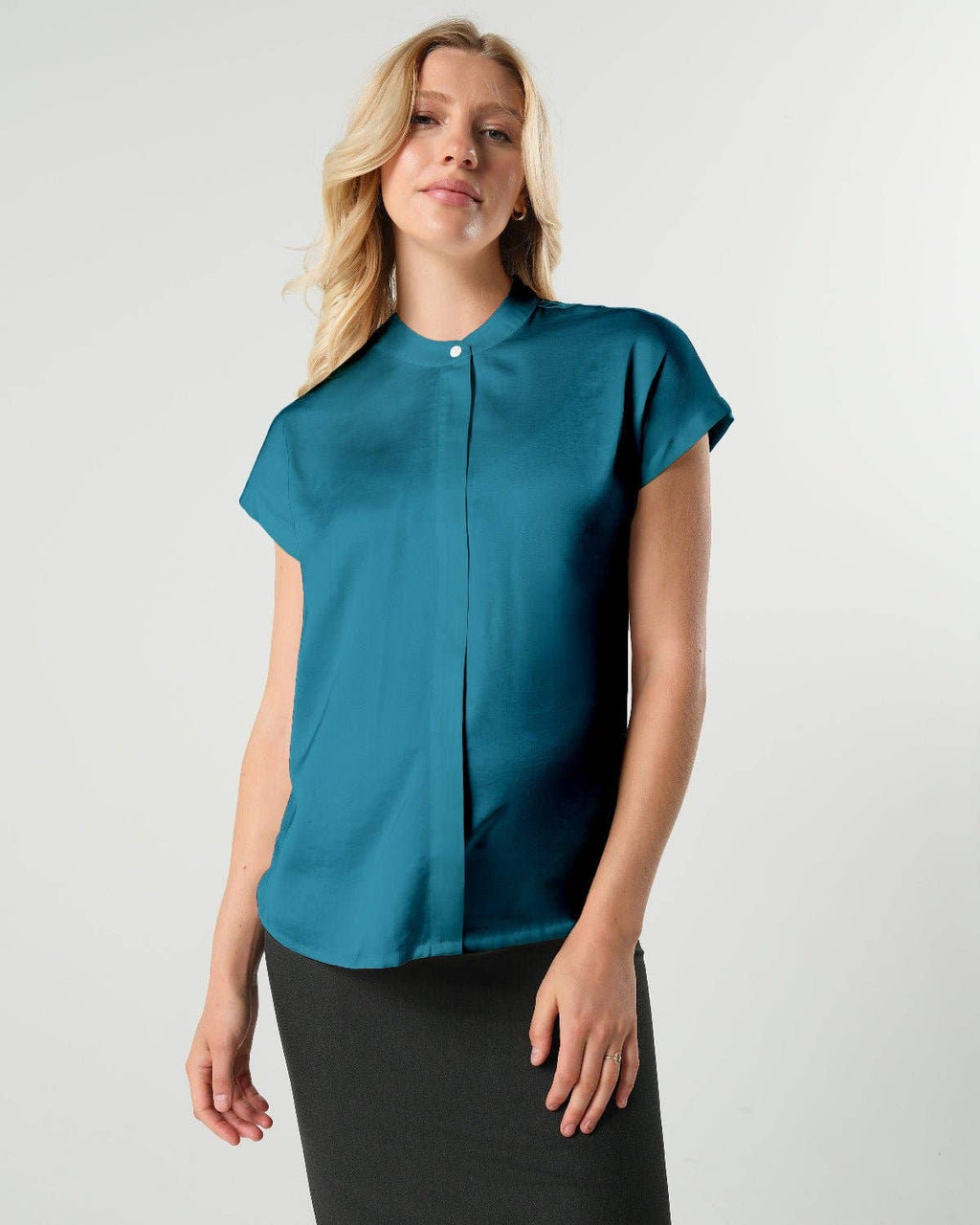 MARION - Short Sleeve Satin Maternity Shell Top with Concealed Nursing Zip