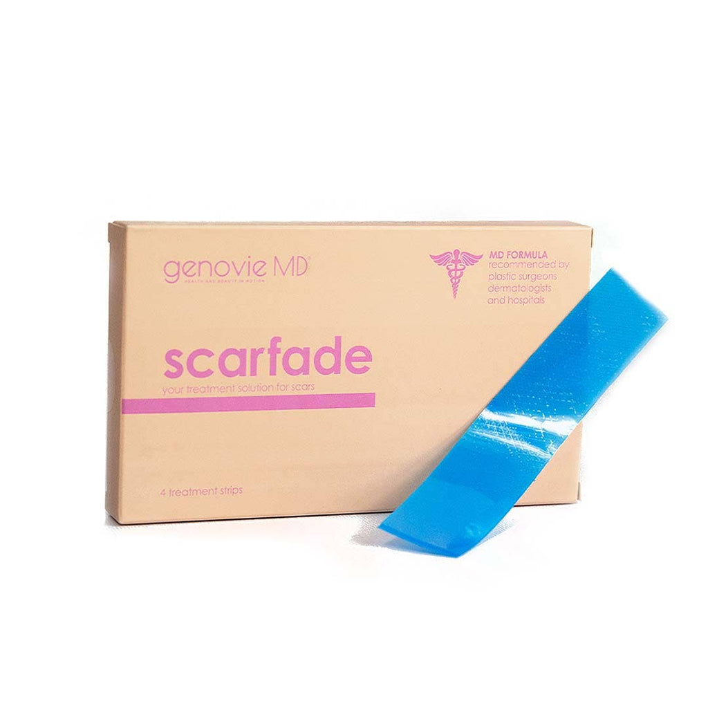Scarfade Scar Sheets box with four medical-grade silicone strips for fading acne, burn, surgical, and c-section scars.
