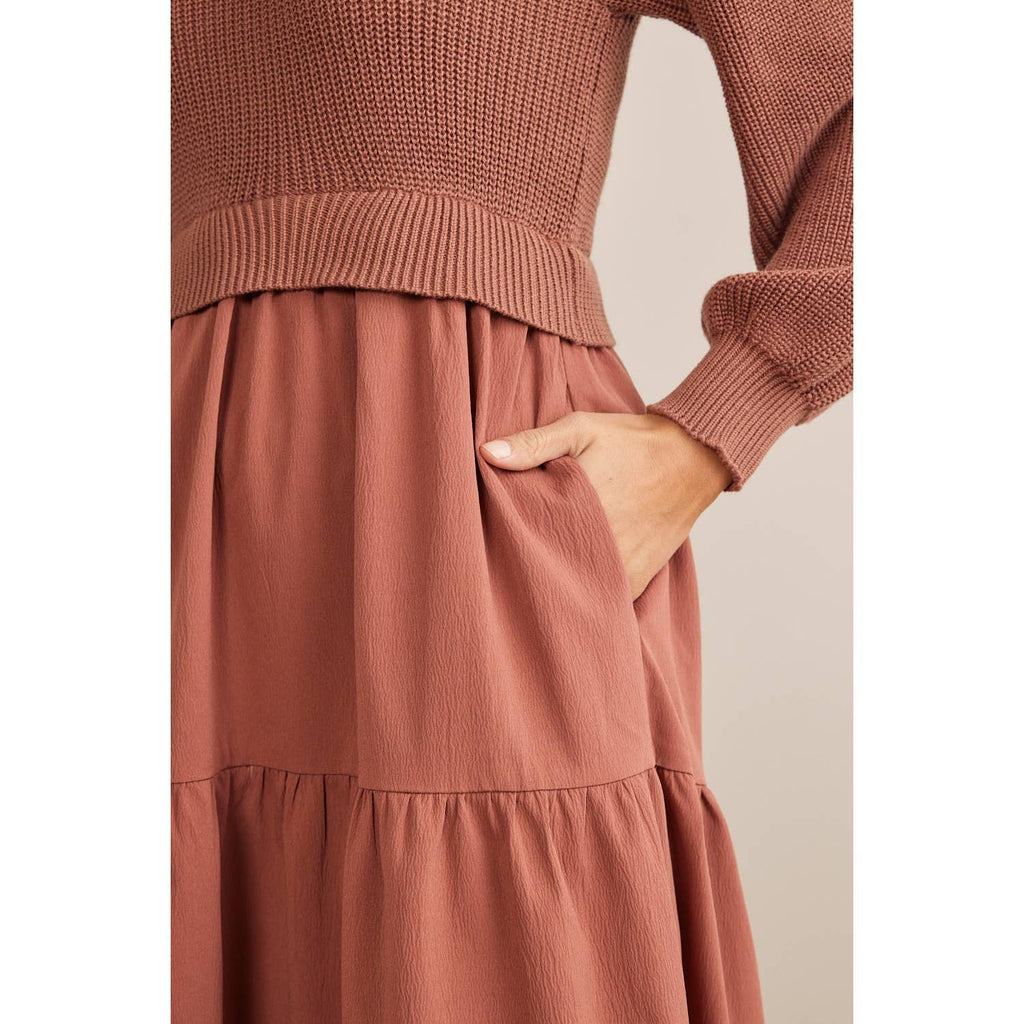 in february - SPECIAL MIXED MEDIA SWEATER MIDI DRESS WITH TIERED RUFFLES