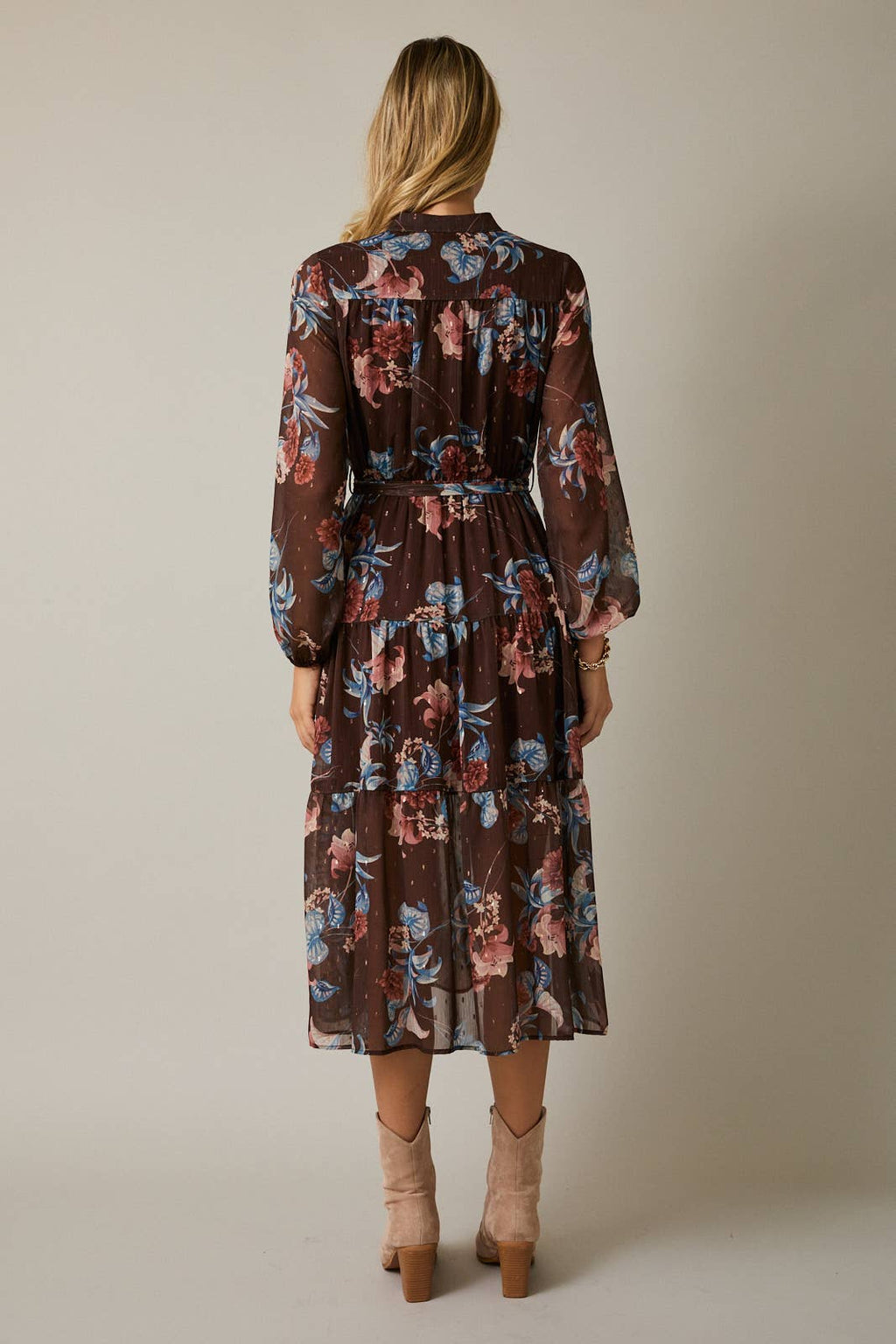 GILLI - ROUND NECK LONG SLEEVE BUTTON UP WAIST TIE FLORAL MIDI DRESS