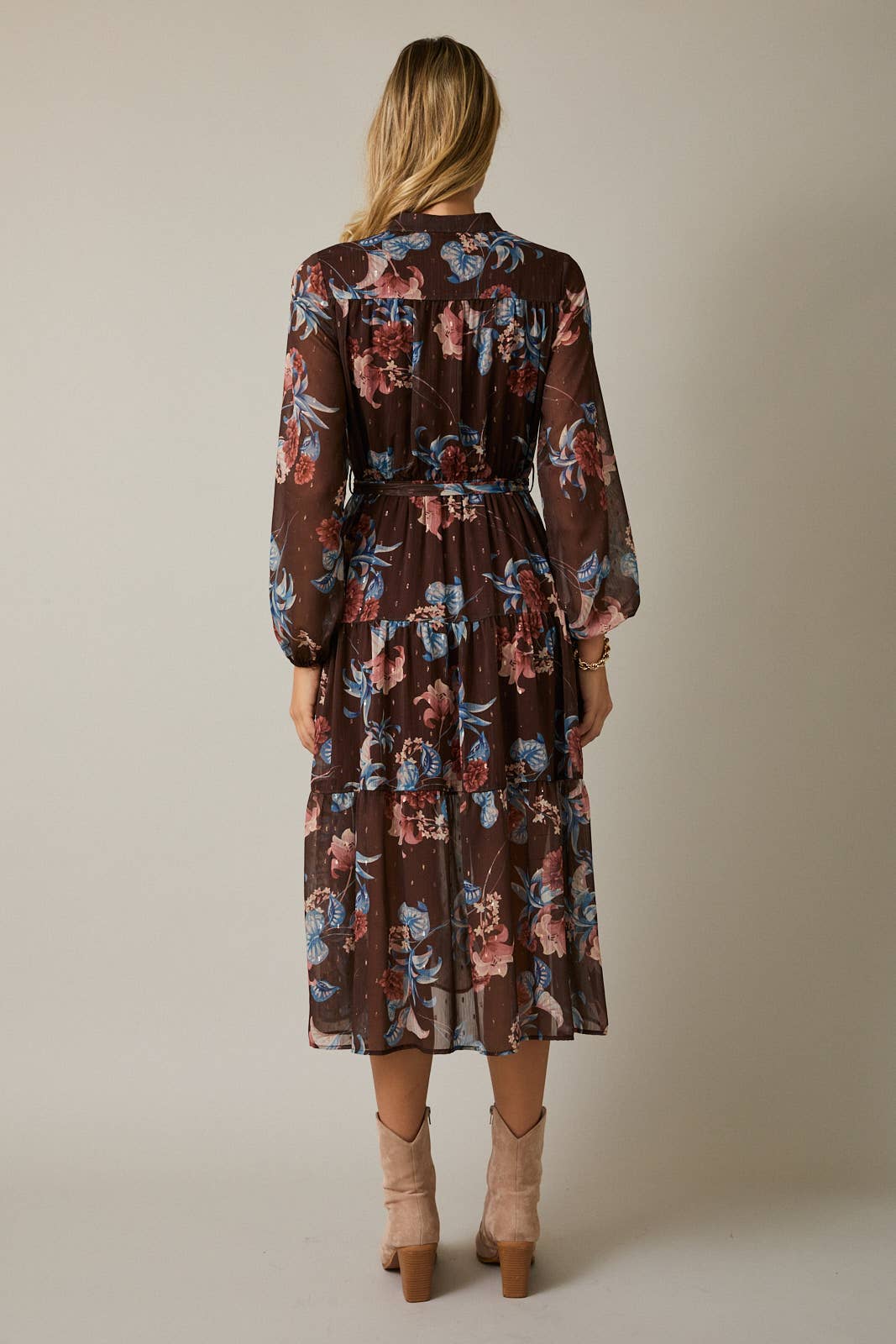 GILLI - ROUND NECK LONG SLEEVE BUTTON UP WAIST TIE FLORAL MIDI DRESS