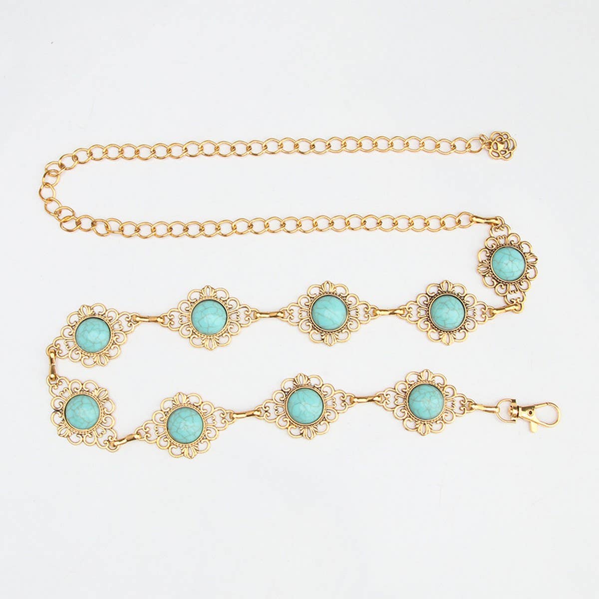 Waist chain belt featuring a vintage pattern with turquoise decorative elements and a gold-tone chain design.