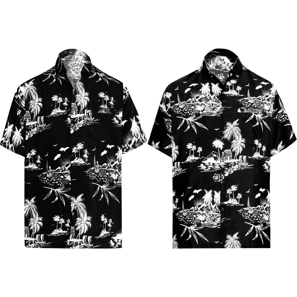 LA LEELA \ HAPPY BAY - Aloha Black Shirt For Men Palm Tree and Island P00004