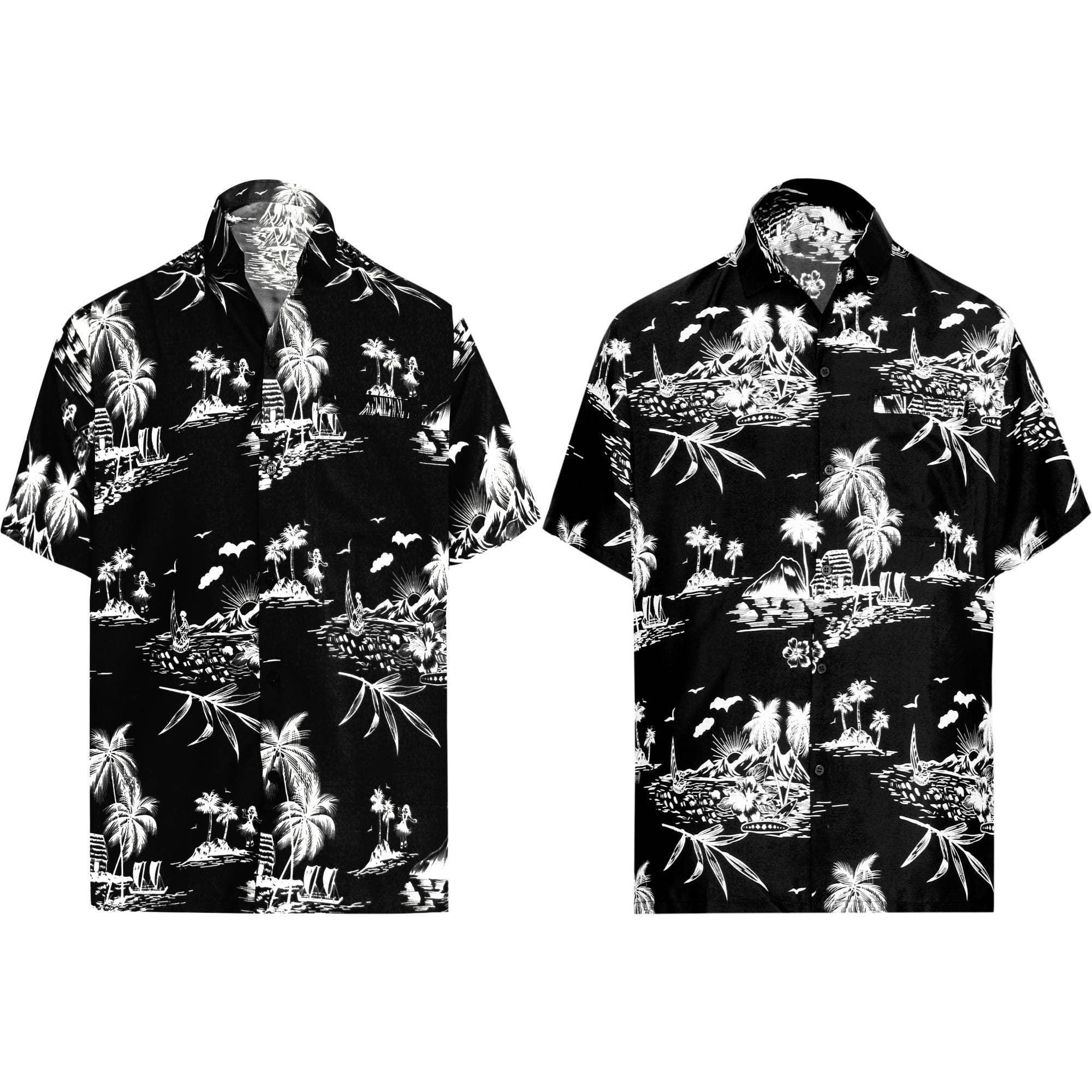 LA LEELA \ HAPPY BAY - Aloha Black Shirt For Men Palm Tree and Island P00004