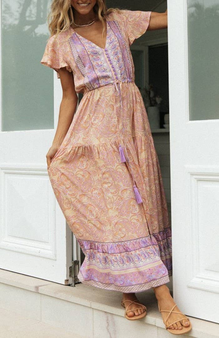 Rosa Clothing - Bohemia Border Print Flutter Sleeve Maxi Dress