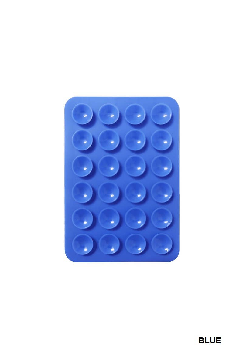 Blue silicone suction cup phone holder with multiple suction cups arranged in a grid pattern, designed for hands-free use.