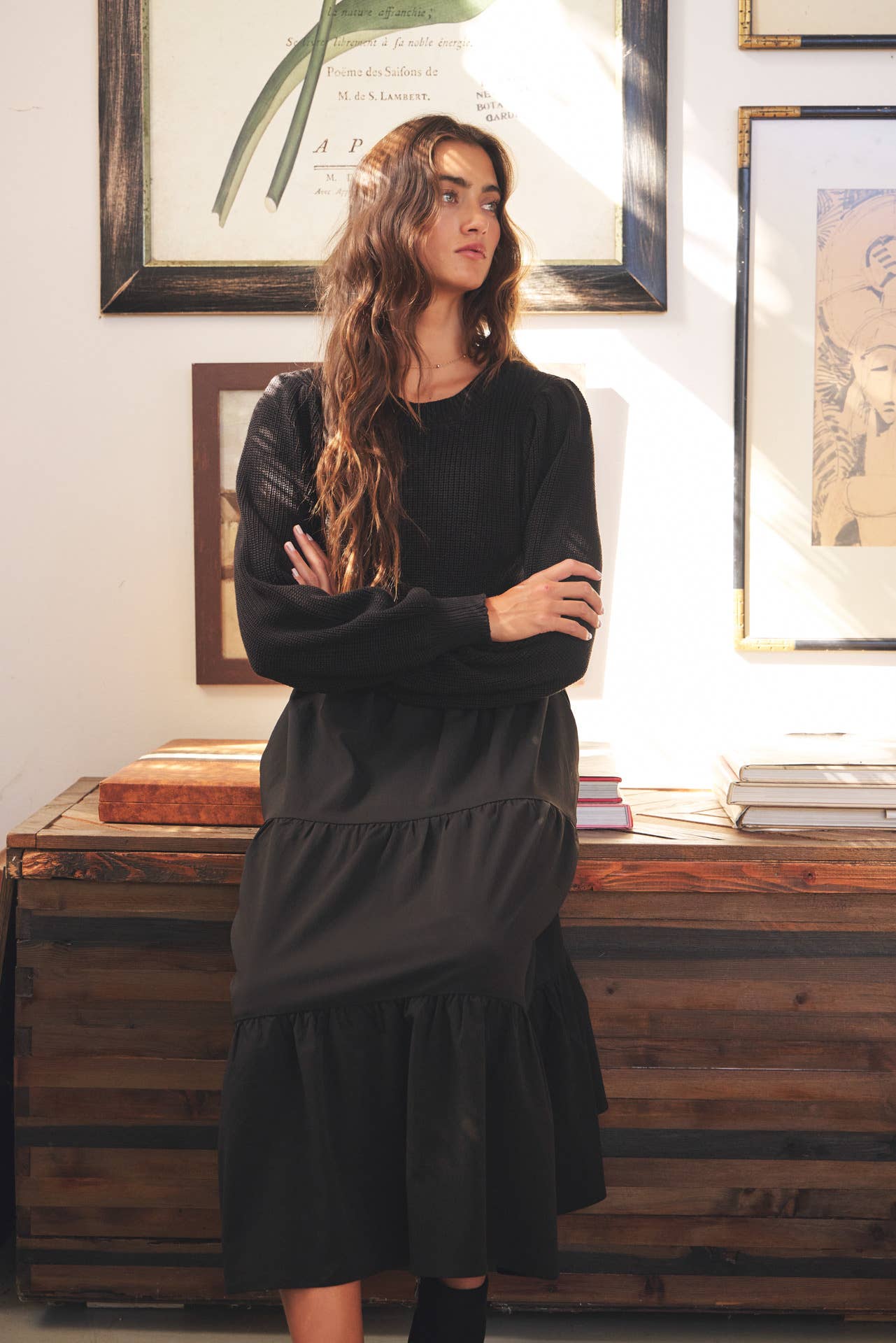 in february - SPECIAL MIXED MEDIA SWEATER MIDI DRESS WITH TIERED RUFFLES