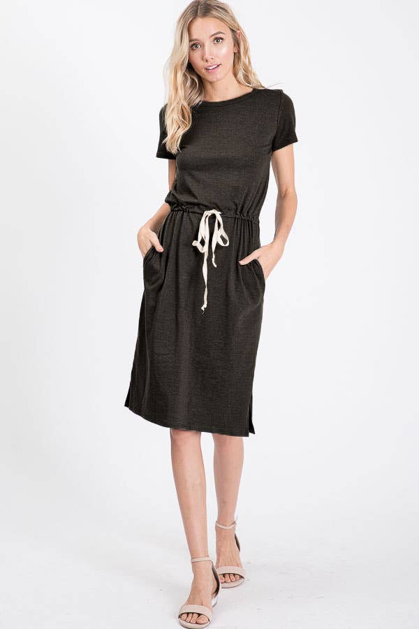 7th Ray - Everyday Drawstring Waist Side Pocket T-Shirt Dress D2465