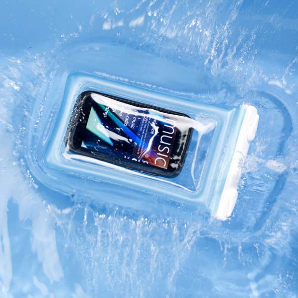 A phone secured inside a clear water-resistant bag, showcasing its transparent window and secure closure mechanism.