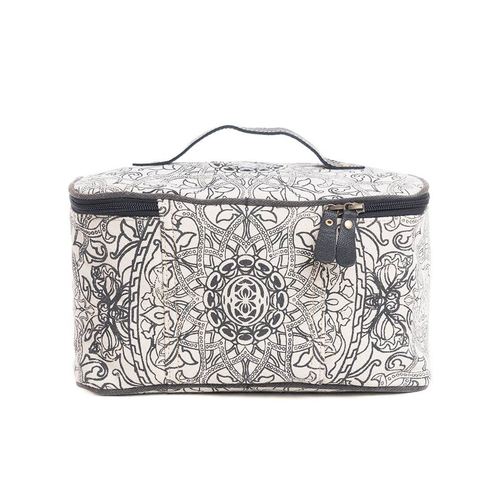 Black and white vintage-inspired toiletries bag with a zippered closure and leather handle. Perfect for travel and organization.