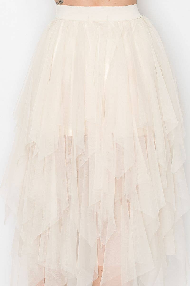 Origami Apparel ~  Lace and Crochet inspired - Dreamy Tiered Tulle Midi Skirt OLS - 4546 BEIGE