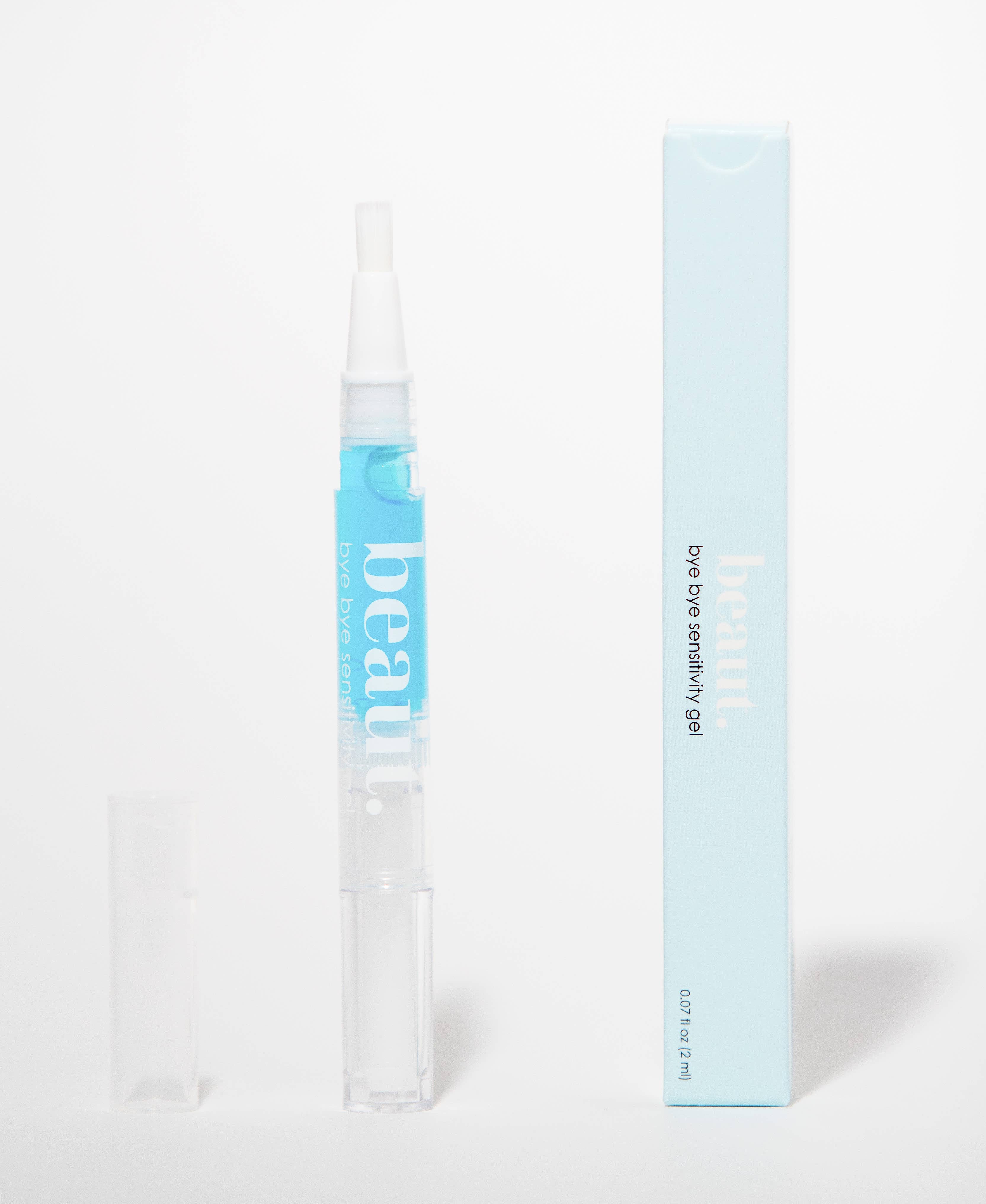Clear gel pen with blue accents, designed for easy application of Bye Bye Sensitivity treatment for teeth sensitivity.