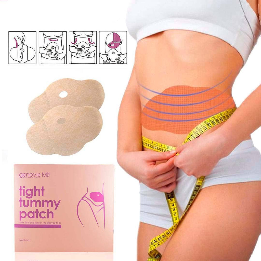 A person applying a skin-toned Tight Tummy Patch from a pink package with five patches visible.