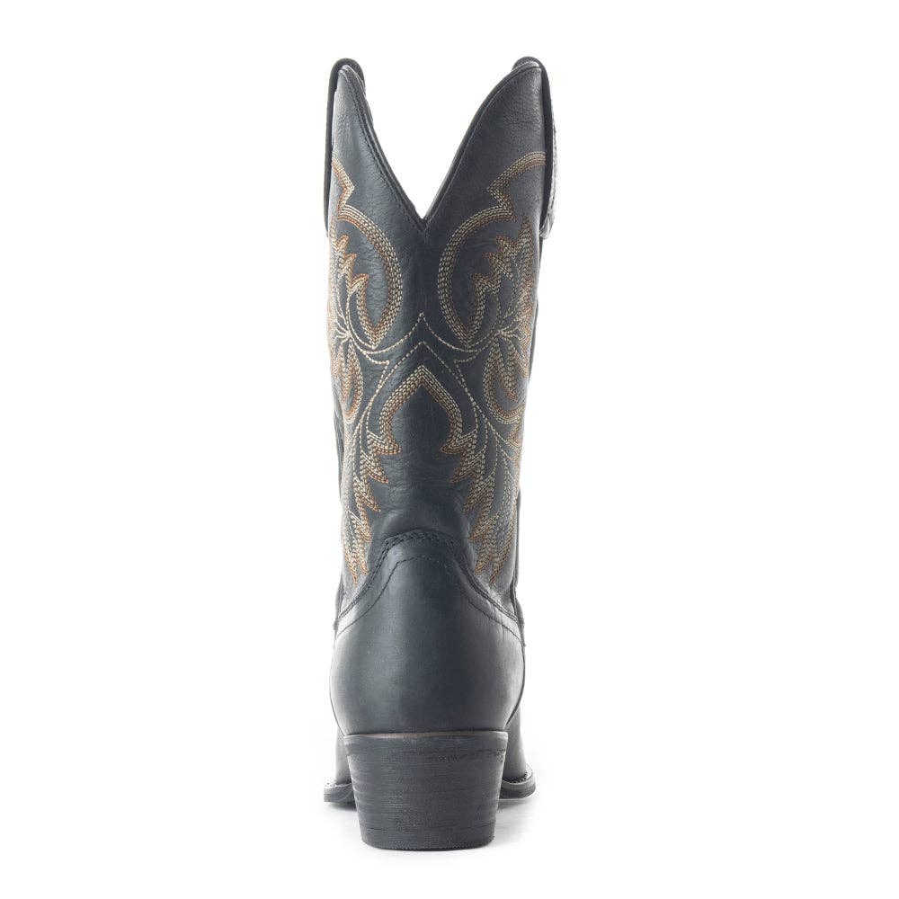 Dark blue leather Fresco boot featuring engraved designs, a pointed top, and a slightly curved heel. Perfect for stylish nights out.